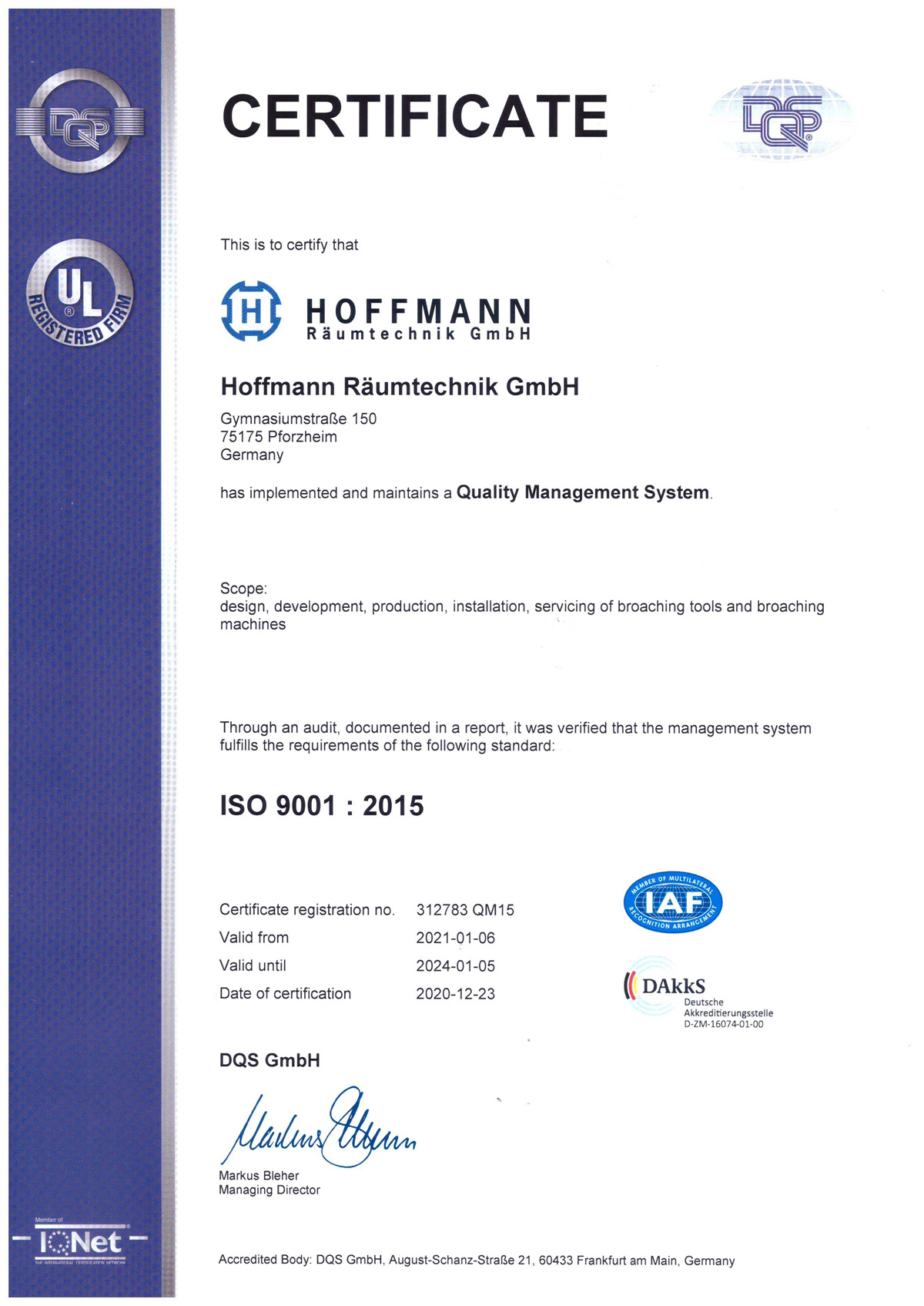 HOFFMANN Räumtechnik GmbH - ISO Zertifikat